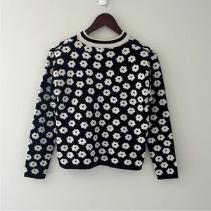 Black White Daisy Knit Sweater Retro Floral Pattern Mod Pullover S